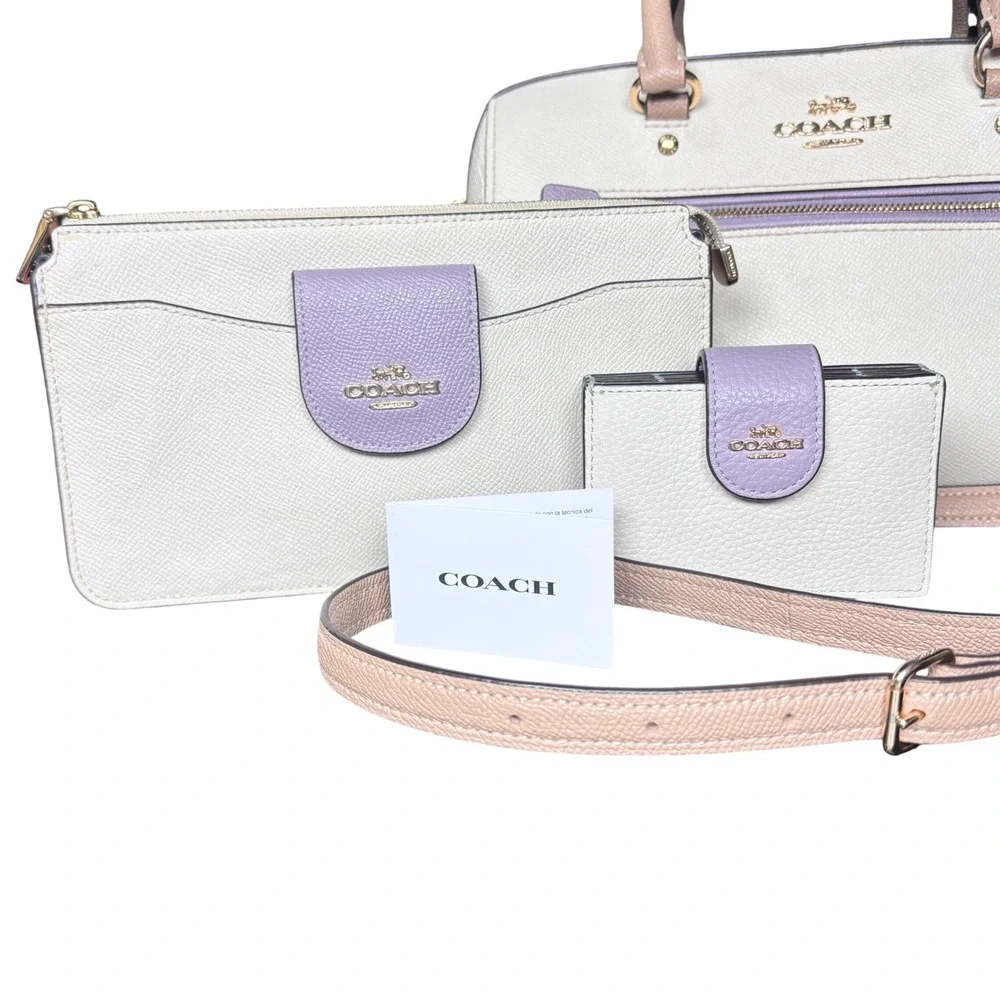 Coach Rowan Colorblock Satchel Purse Wallet Set White Chalk Purple Teal Leather